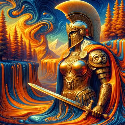 The primary subject of the image is a woman dressed in a gold and orange armor, holding a sword. She is standing in front of a mountain, which serves as the backdrop for the scene. The visual style of the image is digital art, with a vibrant and colorful atmosphere. The dominant colors are gold, orange, and blue, creating a sense of warmth and energy.